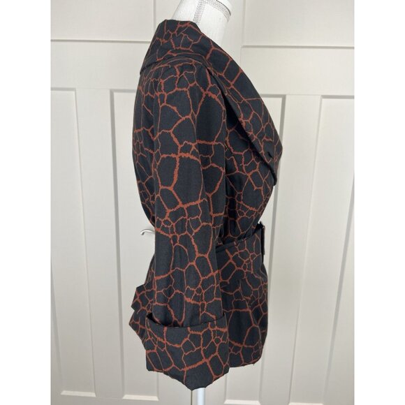 Ali Miles Animal Print Jacket Women's Sz 10 Black Rust Belted Portrait Collar - Picture 7 of 11